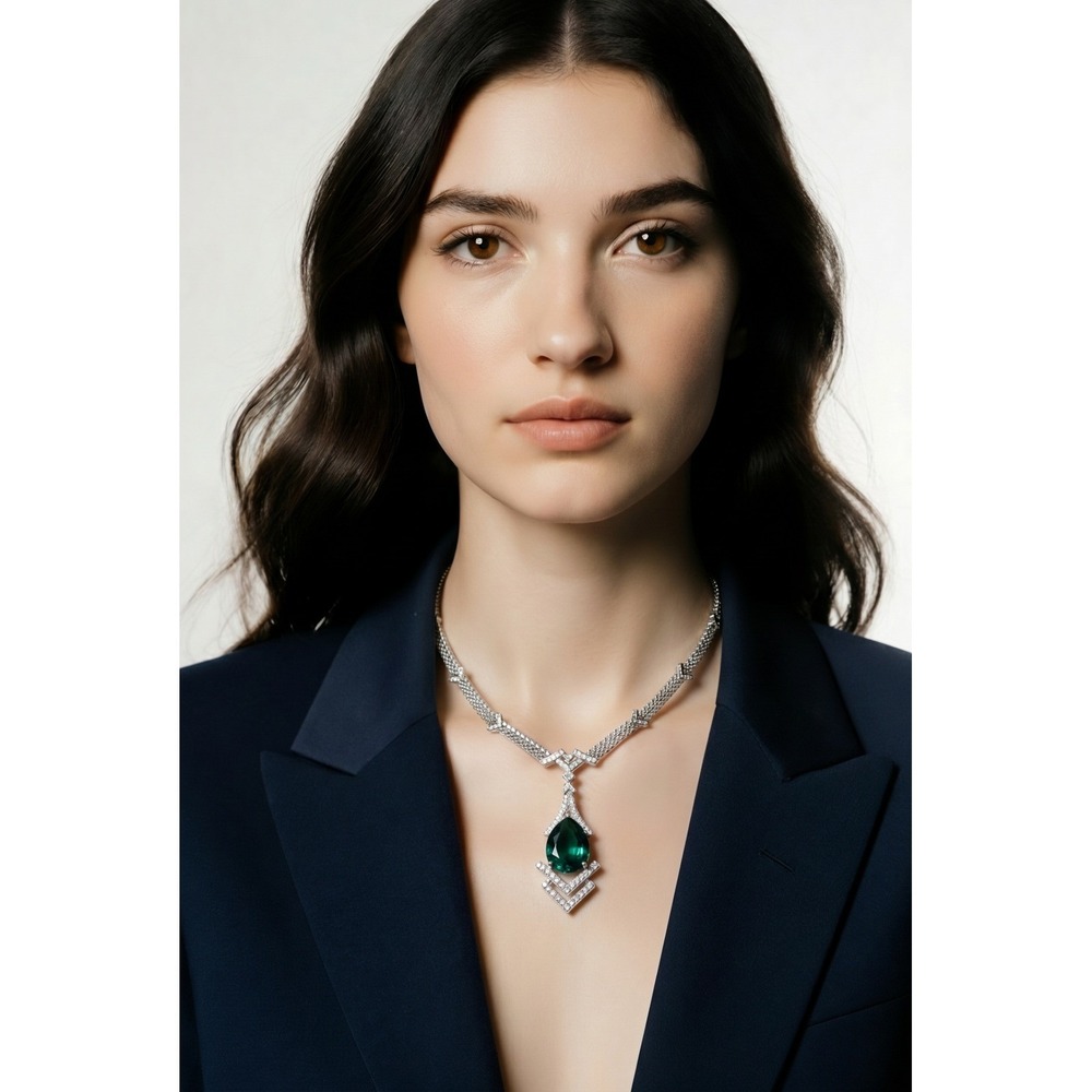 Swarovski Emerald Green Crystal Pear Pendant Necklace‎ Rhodium Plated 5186161